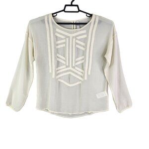 Women's Ivory White Springfield Sheer Embroidered Blouse Top Long Sleeve Size L